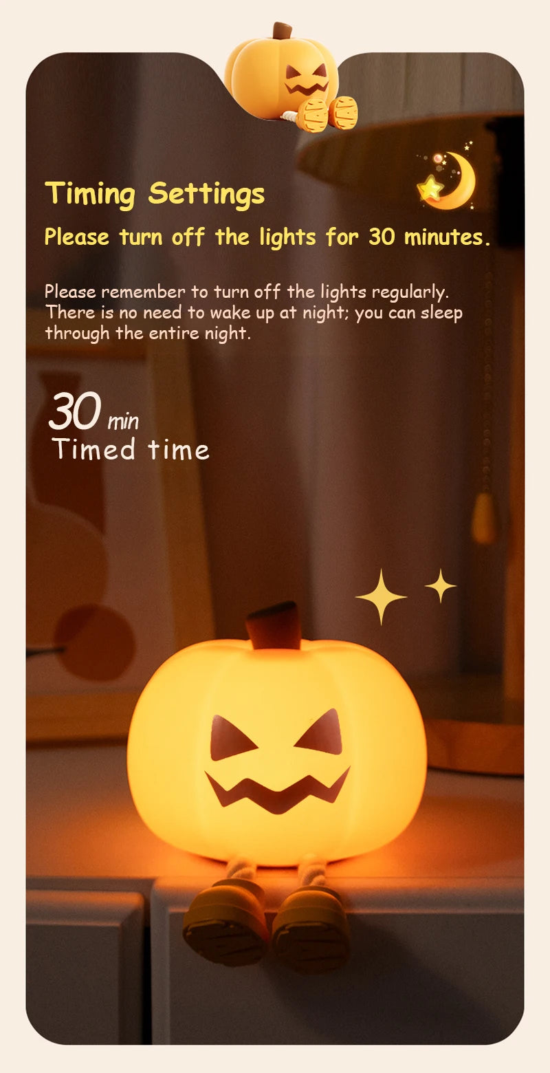 Luz nocturna de calabaza, lámpara segura de silicona suave, decoraciones con temporizador, decoración de cabecera regulable, regalos de Halloween para niños y bebés