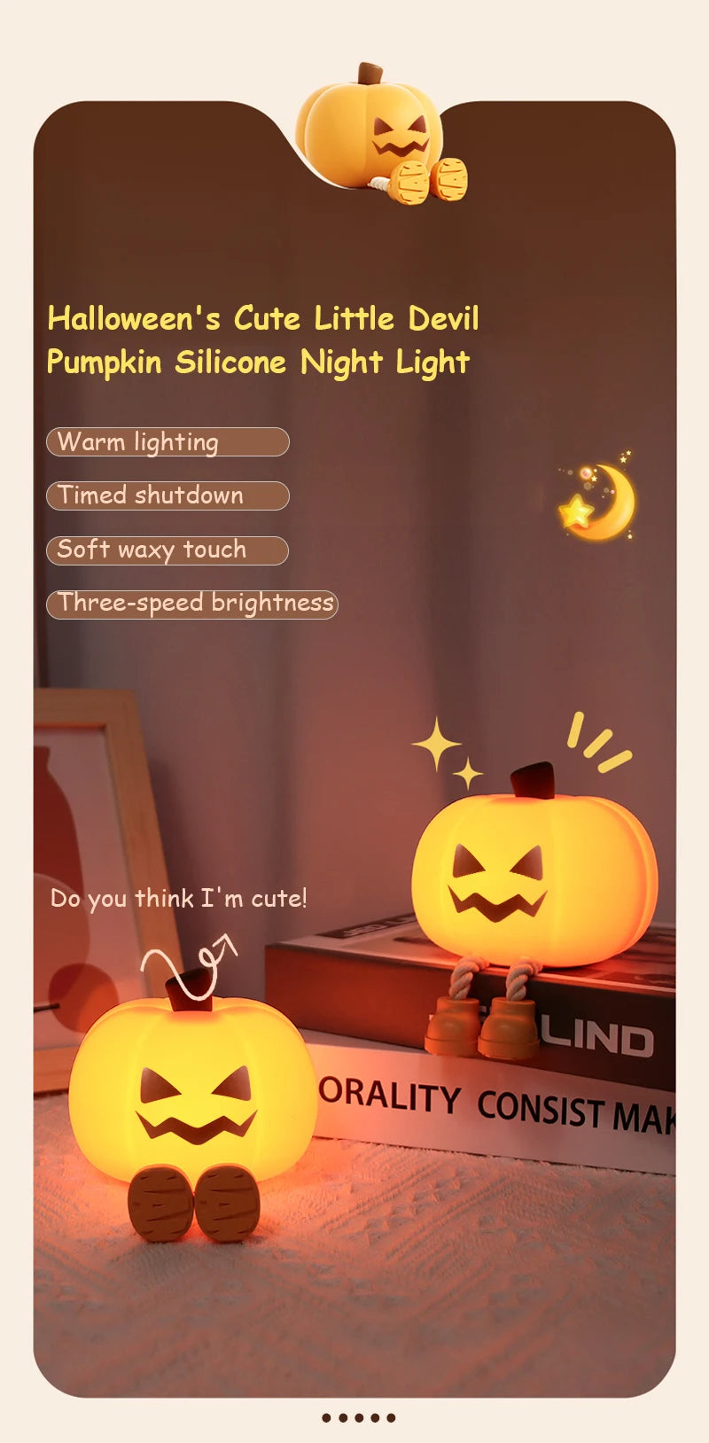 Luz nocturna de calabaza, lámpara segura de silicona suave, decoraciones con temporizador, decoración de cabecera regulable, regalos de Halloween para niños y bebés
