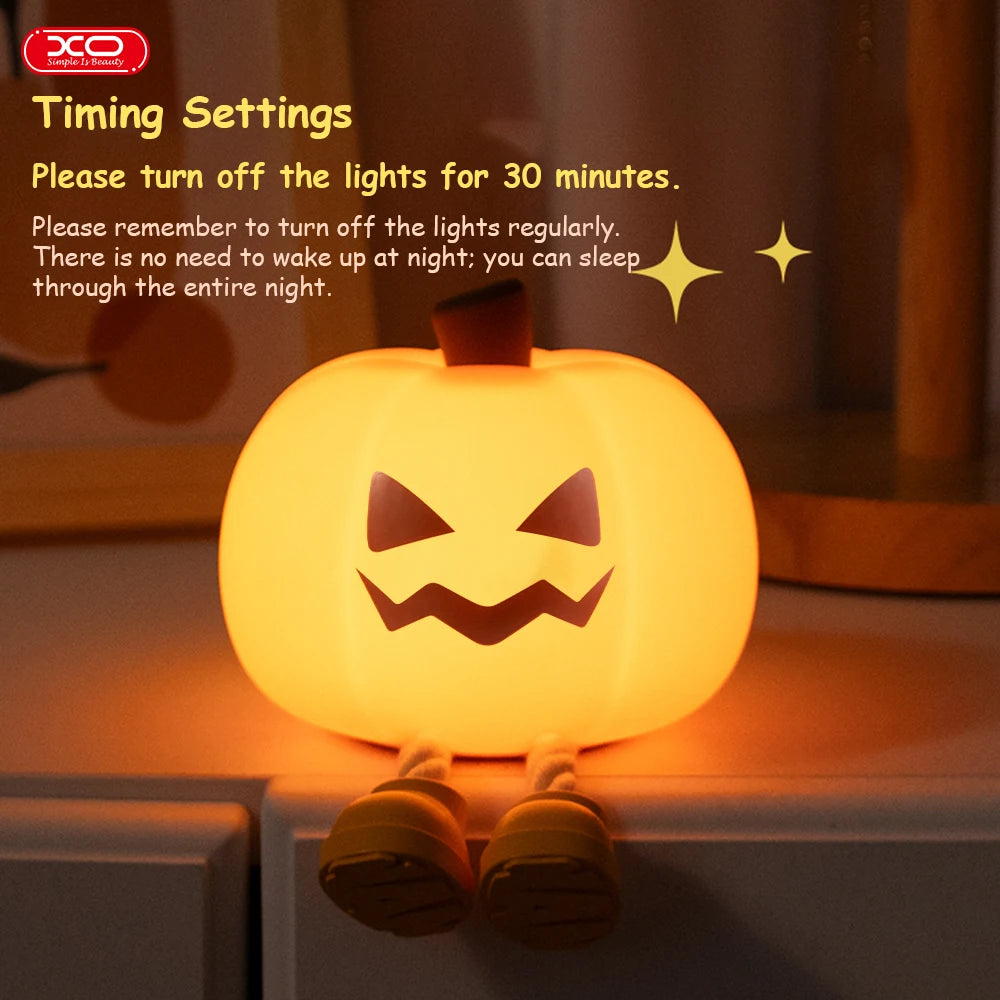 Luz nocturna de calabaza, lámpara segura de silicona suave, decoraciones con temporizador, decoración de cabecera regulable, regalos de Halloween para niños y bebés